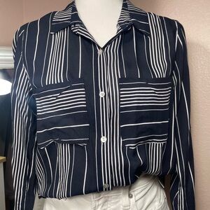 Staccato Black & White Striped Button Down Blouse Size Small